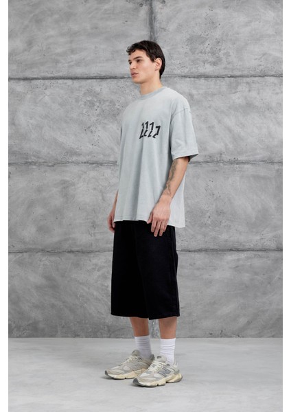 Gri 1111 Yazılı Yıkamalı Oversize Tshirt indirimleri