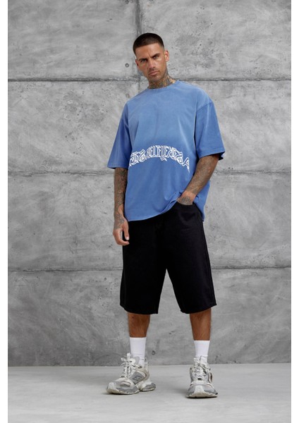 Mavi Işaretli Yazı Baskılı Yıkamalı Oversize Tshirt fiyatları