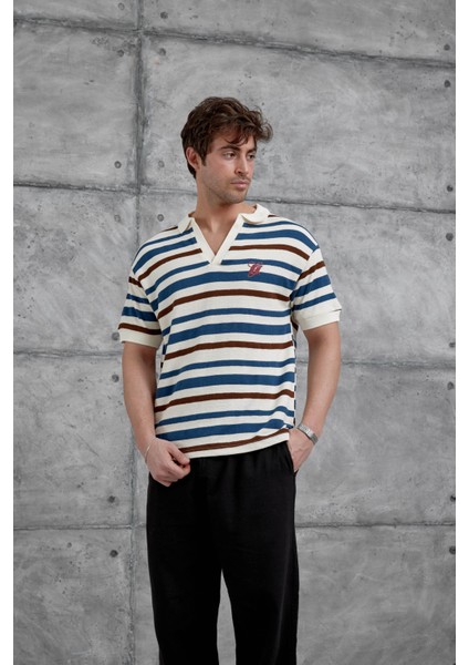 Lacivert Çizgili Örme Kumaş Yakalı Oversize Tshirt