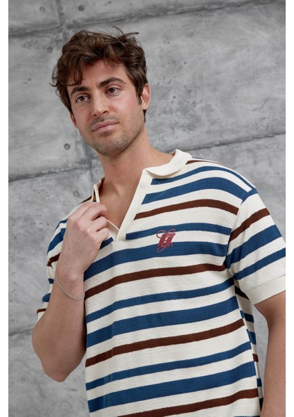 Lacivert Çizgili Örme Kumaş Yakalı Oversize Tshirt fiyatları