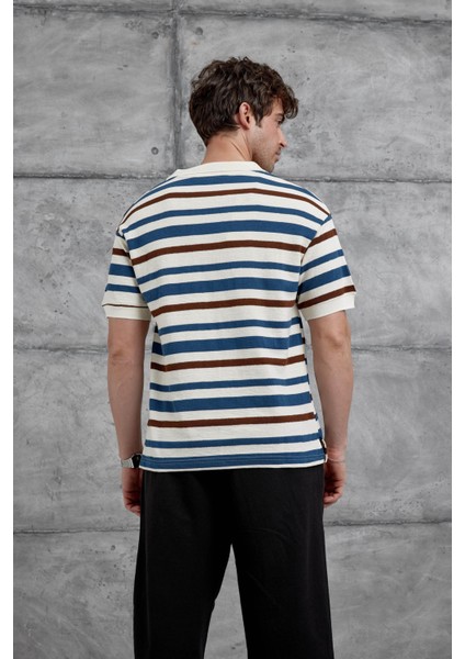 Lacivert Çizgili Örme Kumaş Yakalı Oversize Tshirt modelleri