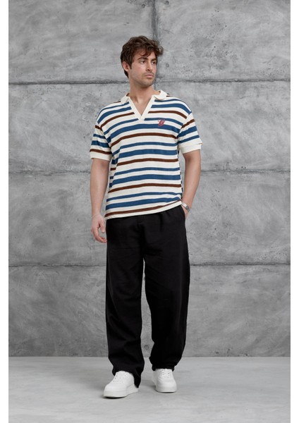 Lacivert Çizgili Örme Kumaş Yakalı Oversize Tshirt fırsatları