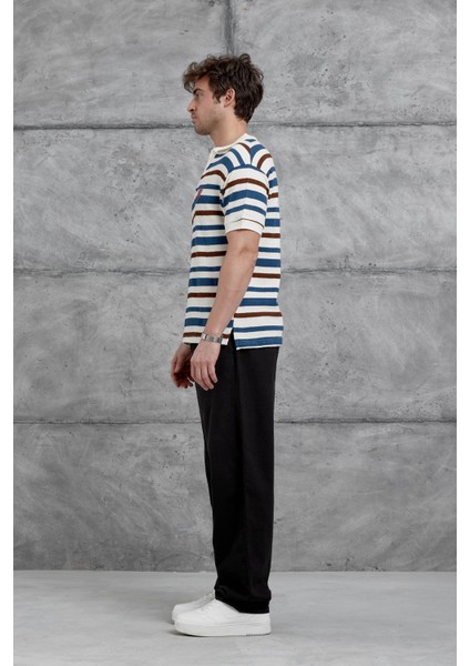 Lacivert Çizgili Örme Kumaş Yakalı Oversize Tshirt indirimleri