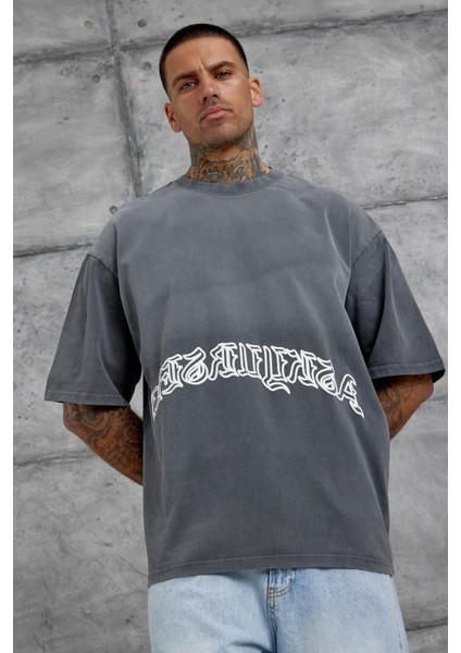 Füme Işaretli Yazı Baskılı Yıkamalı Oversize Tshirt fiyatları