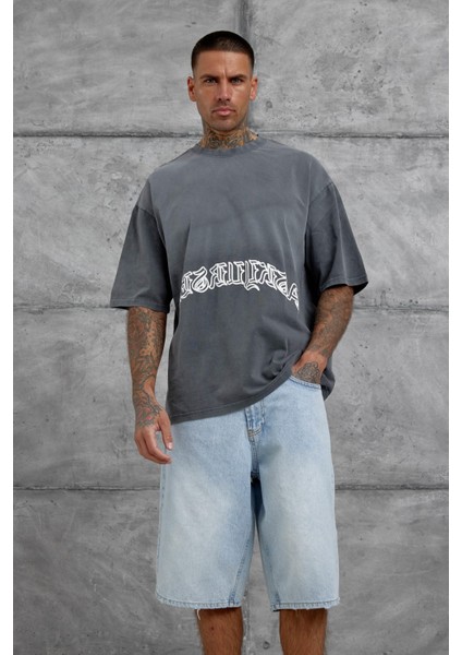 Füme Işaretli Yazı Baskılı Yıkamalı Oversize Tshirt indirimleri