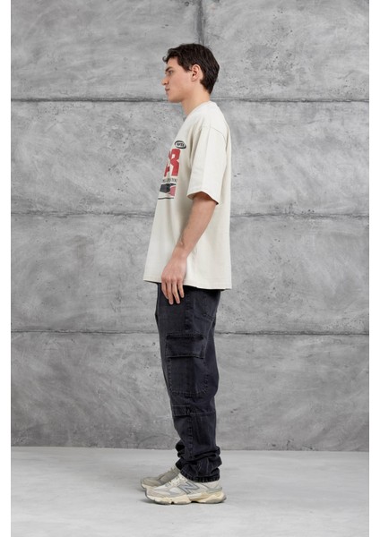Krem Super Yazılı Oversize Tshirt indirimleri