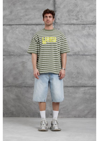 Yeşil Y269 Baskılı ve Çizgili Oversize Tshirt