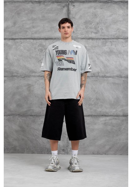 Gri Remember Yazılı Yakımalı Oversize Tshirt