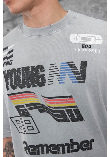 Gri Remember Yazılı Yakımalı Oversize Tshirt