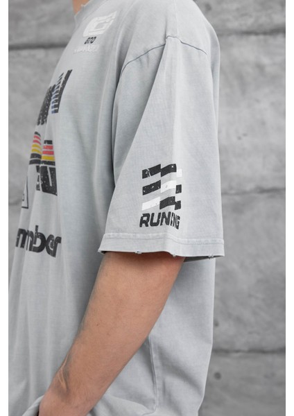 Gri Remember Yazılı Yakımalı Oversize Tshirt
