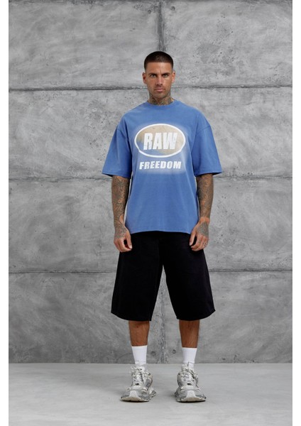 Mavi Raw Yazılı Yıkamalı Oversize Tshirt