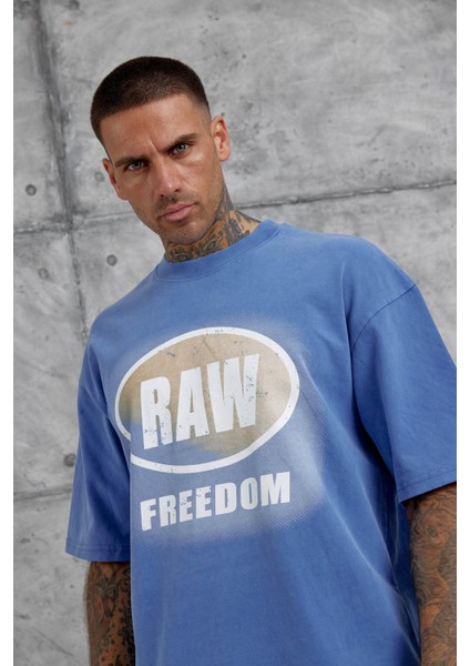 Mavi Raw Yazılı Yıkamalı Oversize Tshirt fiyatları