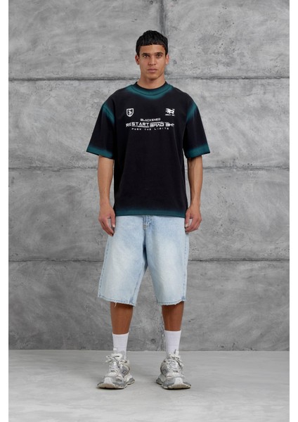 Siyah Restart Baskılı Oversize Tshirt