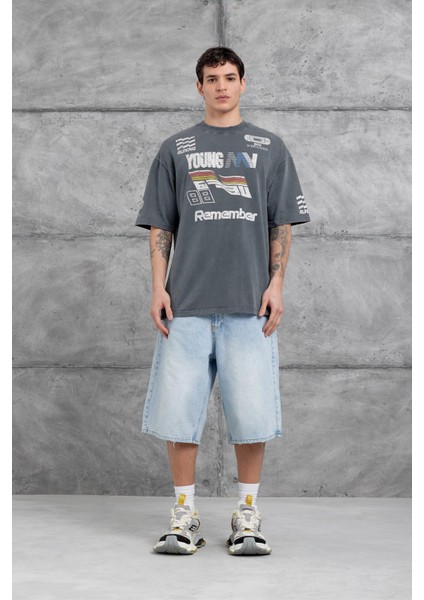 Füme Remember Yazılı Yakımalı Oversize Tshirt