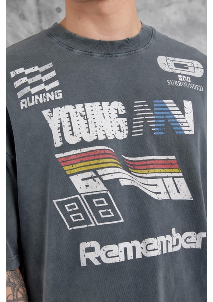 Füme Remember Yazılı Yakımalı Oversize Tshirt fiyatları