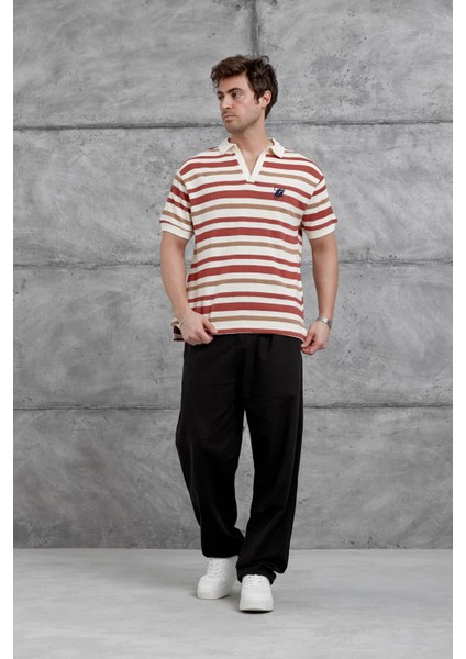 Kırmızı Çizgili Örme Kumaş Yakalı Oversize Tshirt fiyatları