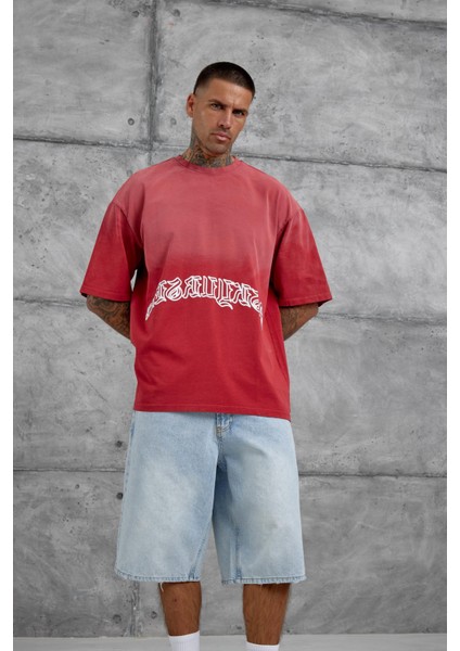 Kırmızı Işaretli Yazı Baskılı Yıkamalı Oversize Tshirt