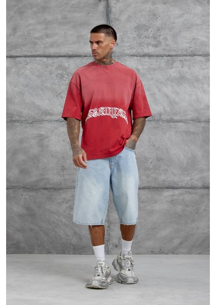 Kırmızı Işaretli Yazı Baskılı Yıkamalı Oversize Tshirt modelleri