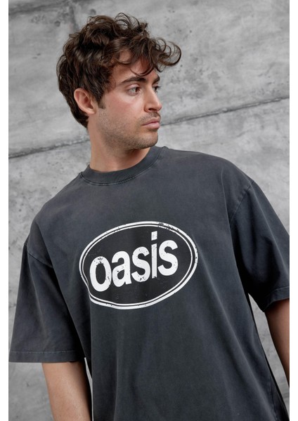 Füme Oasis Yazılı Yıkamalı Oversize Tshirt fırsatları