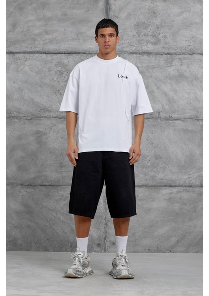 Beyaz Look Yazılı Parçalı Oversize Tshirt
