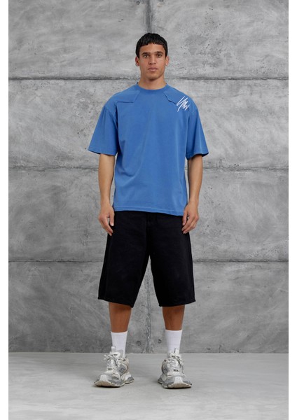 Mavi Parçalı Yıkamalı Oversize Tshirt modelleri