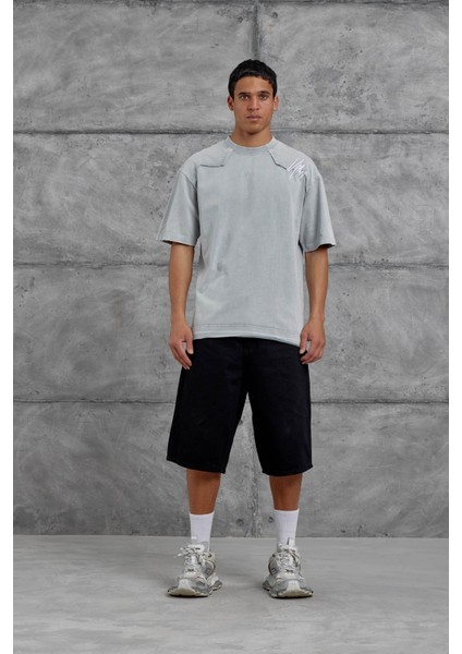 Gri Parçalı Yıkamalı Oversize Tshirt