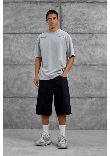 Gri Parçalı Yıkamalı Oversize Tshirt indirimleri