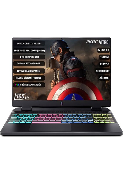 NITRO16 I7-13620H 16 GB 1tb SSD RTX4050-6 GB 16'' WUXGA IPS 165Hz Nvıdıa G-Sync Fdos Taşınabilir Bilgisayar NH.QJMEY.007