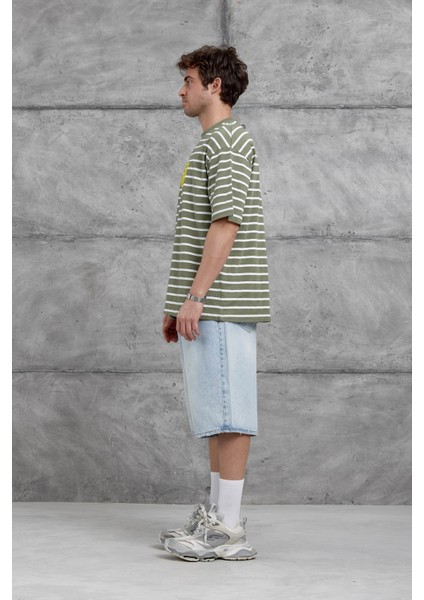 Yeşil Y269 Baskılı ve Çizgili Oversize Tshirt indirimleri