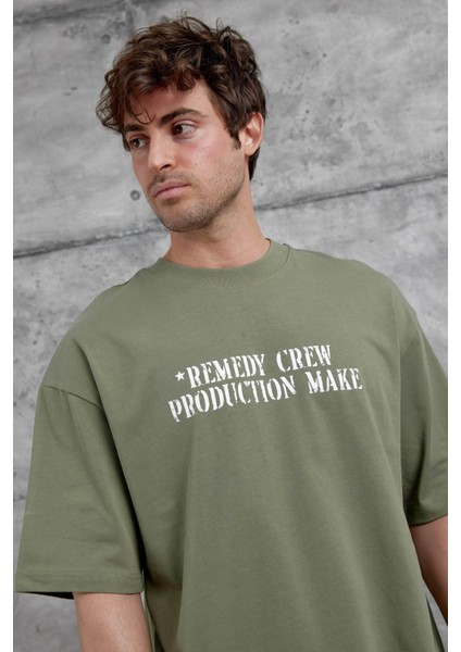 Haki Remedy Crew Yazılı Oversize Tshirt
