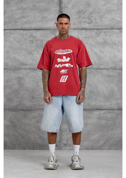 Kırmızı Lesschen Baskılı Yıkamalı Oversize Tshirt