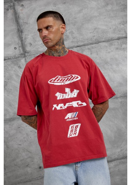 Kırmızı Lesschen Baskılı Yıkamalı Oversize Tshirt fiyatları