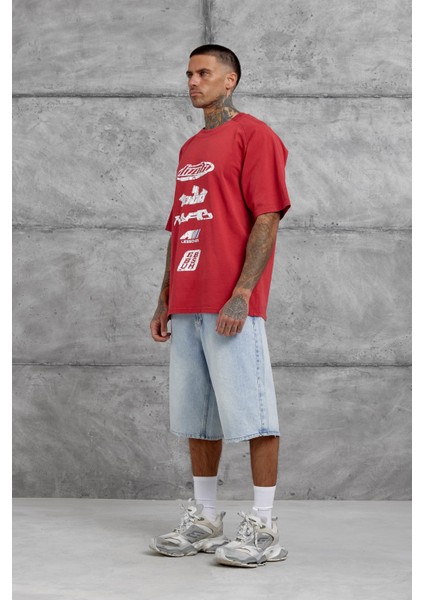 Kırmızı Lesschen Baskılı Yıkamalı Oversize Tshirt indirimleri