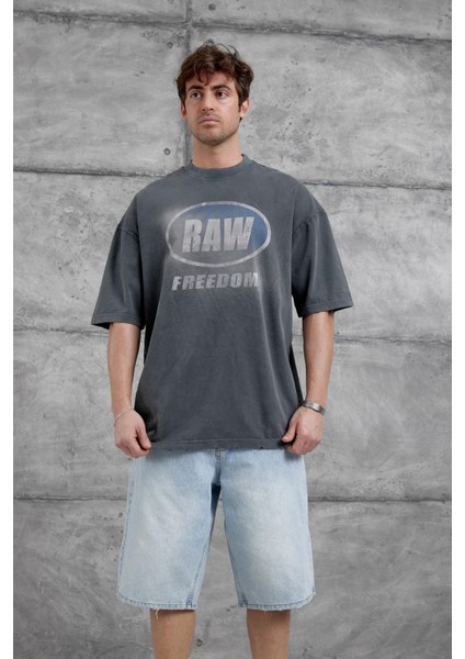 Füme Raw Yazılı Yıkamalı Oversize Tshirt indirimleri