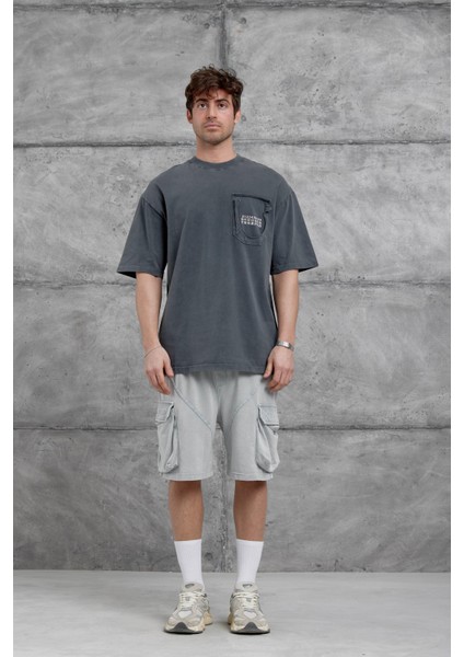 Füme Cepte Rakam Detaylı Yıkamalı Oversize Tshirt modelleri