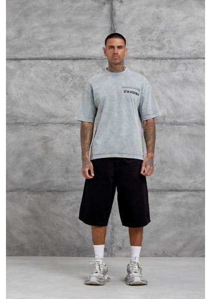 Gri Parça Detaylı Yıkamalı Oversize Tshirt