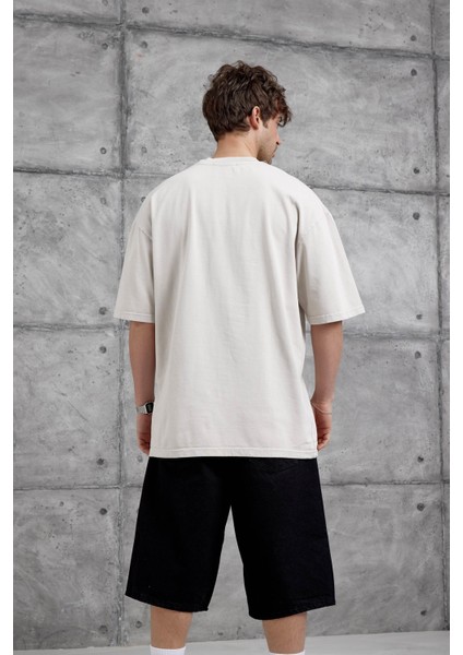 Krem Brandname Yazılı Yıkamalı Oversize Tshirt modelleri