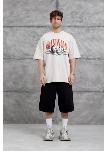 Krem Brandname Yazılı Yıkamalı Oversize Tshirt fırsatları