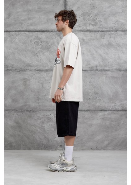 Krem Brandname Yazılı Yıkamalı Oversize Tshirt indirimleri
