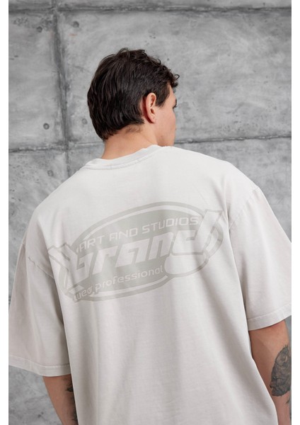 Krem Brand Yazılı Yıkamalı Oversize Tshirt