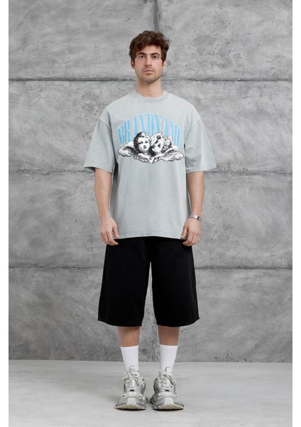 Gri Brandname Yazılı Yıkamalı Oversize Tshirt