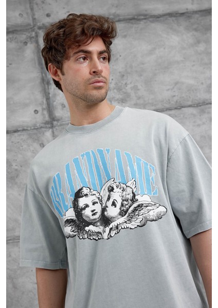 Gri Brandname Yazılı Yıkamalı Oversize Tshirt fiyatları