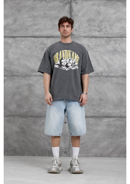 Füme Brandname Yazılı Yıkamalı Oversize Tshirt