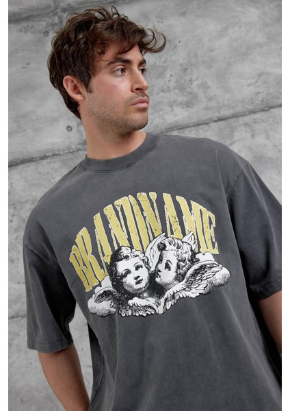 Füme Brandname Yazılı Yıkamalı Oversize Tshirt modelleri