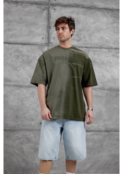 Haki Spirit&speed Yazılı Yıkamalı Oversize Tshirt