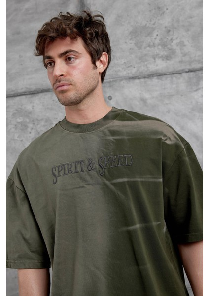 Haki Spirit&speed Yazılı Yıkamalı Oversize Tshirt modelleri