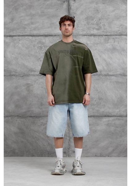 Haki Spirit&speed Yazılı Yıkamalı Oversize Tshirt fırsatları