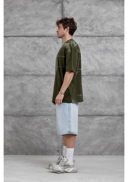 Haki Spirit&speed Yazılı Yıkamalı Oversize Tshirt indirimleri