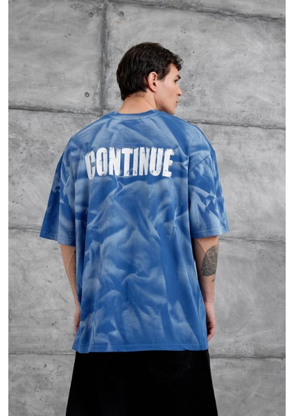 Mavi Drift Yazılı Yıkamalı Oversize Tshirt