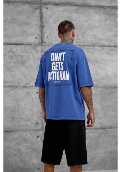 Mavi Parça Detaylı Yıkamalı Oversize Tshirt